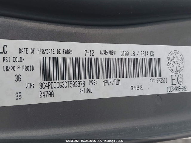 2013 Dodge Journey Sxt მანქანა იყიდება აუქციონზე, vin: 3C4PDCCG3DT503978, აუქციონის ნომერი: 12655092