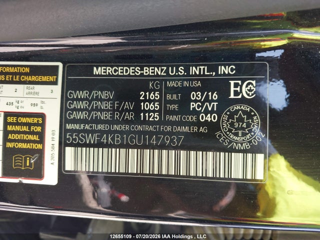 Auction sale of the 2016 Mercedes-benz C 300 4matic, vin: 55SWF4KB1GU147937, lot number: 12655109