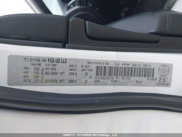 12655111 :رقم المزاد ، 1C4RJFBG2LC321798 vin ، 2020 Jeep Grand Cherokee Limited مزاد بيع
