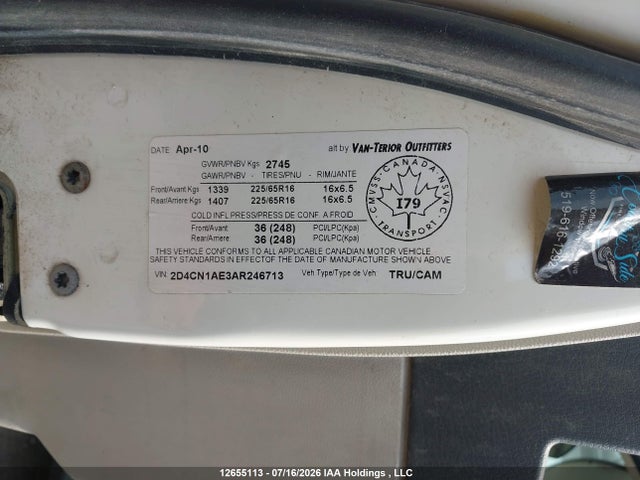 Aukcja sprzedaży 2010 Dodge Grand Caravan C/v C/v, vin: 2D4CN1AE3AR246713, numer aukcji: 12655113