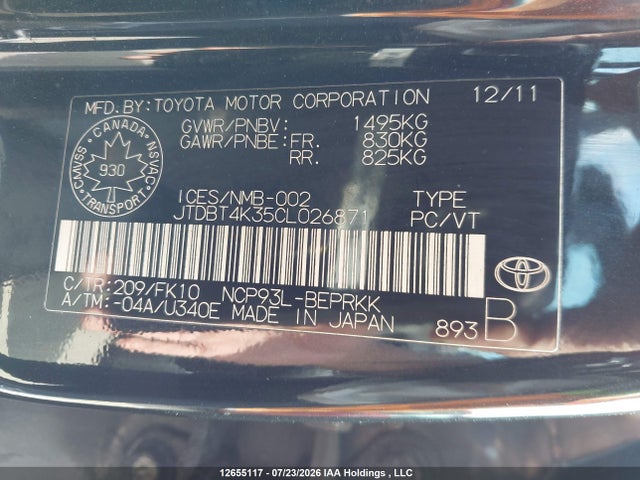 2012 Toyota Yaris მანქანა იყიდება აუქციონზე, vin: JTDBT4K35CL026871, აუქციონის ნომერი: 12655117