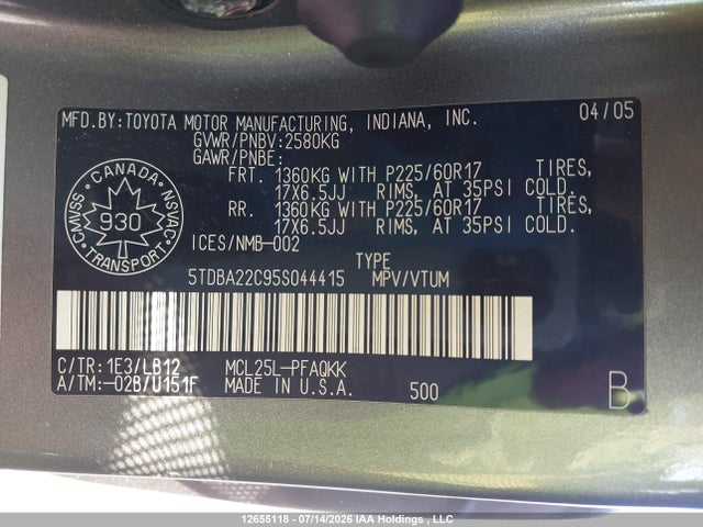 Продажа на аукционе авто 2005 Toyota Sienna, vin: 5TDBA22C95S044415, номер лота: 12655118