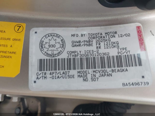 Продаж на аукціоні авто 2003 Lexus Es 300, vin: JTHBF30G630120362, номер лоту: 12655125