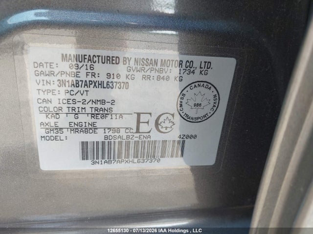Aukcja sprzedaży 2017 Nissan Sentra S/sv/sr/sl, vin: 3N1AB7APXHL637370, numer aukcji: 12655130