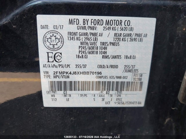 12655133 :رقم المزاد ، 2FMPK4J8XHBB70196 vin ، 2017 Ford Edge Sel مزاد بيع