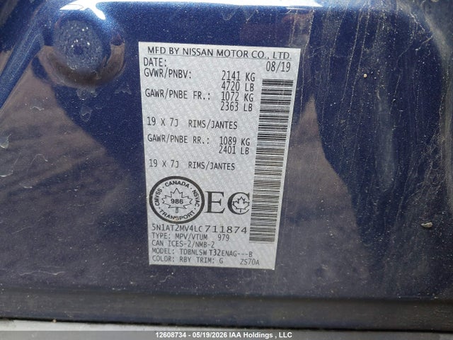 2020 Nissan Rogue S/sl/sv მანქანა იყიდება აუქციონზე, vin: 5N1AT2MV4LC711874, აუქციონის ნომერი: 12608734