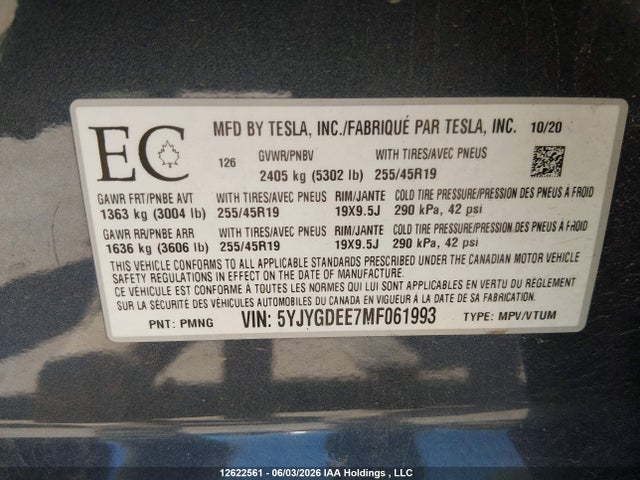 Tesla Model Y Long Range 2021 5YJYGDEE7MF061993 Image 9