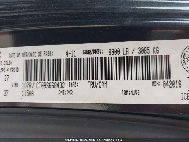 Продажа на аукционе авто 2011 Ram Ram 1500 Slt, vin: 1D7RV1CT0BS668432, номер лота: 12641556