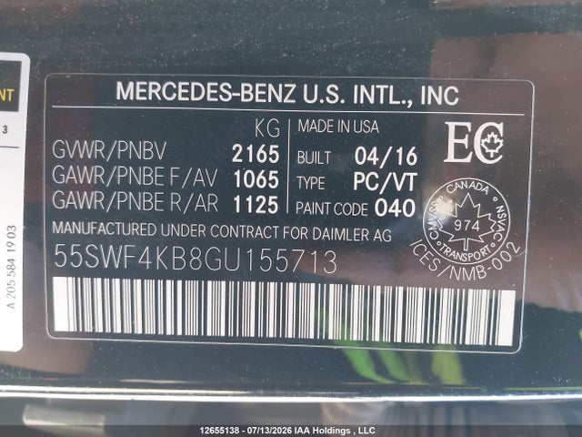 2016 Mercedes-benz C 300 4matic მანქანა იყიდება აუქციონზე, vin: 55SWF4KB8GU155713, აუქციონის ნომერი: 12655138