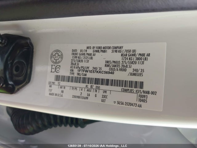 12655139 :رقم المزاد ، 1FTFW1E57KKC56940 vin ، 2019 Ford F150 Supercrew مزاد بيع