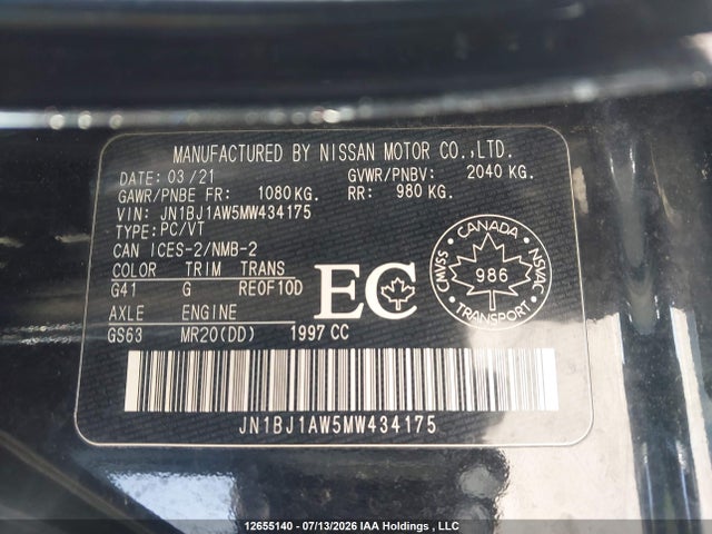 Продаж на аукціоні авто 2021 Nissan Qashqai S, vin: JN1BJ1AW5MW434175, номер лоту: 12655140