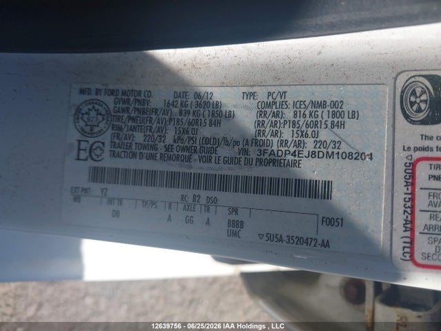 12639756 :رقم المزاد ، 3FADP4EJ8DM108204 vin ، 2013 Ford Fiesta Se مزاد بيع
