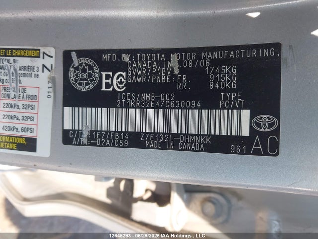 2007 Toyota Matrix Xr მანქანა იყიდება აუქციონზე, vin: 2T1KR32E47C630094, აუქციონის ნომერი: 12645293