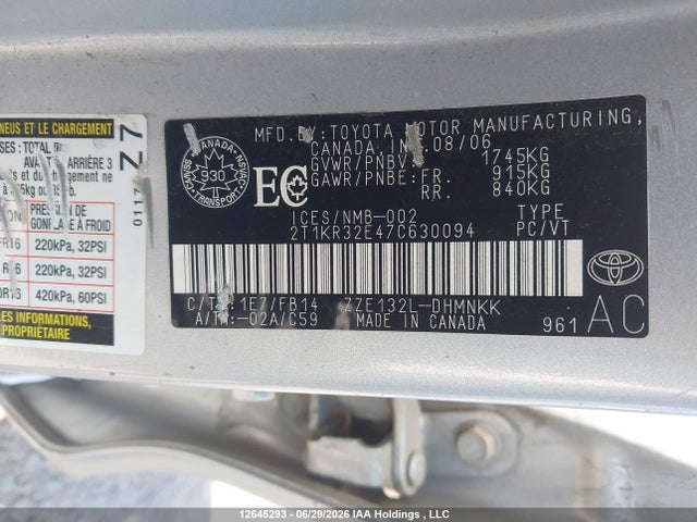 2007 Toyota Matrix Xr მანქანა იყიდება აუქციონზე, vin: 2T1KR32E47C630094, აუქციონის ნომერი: 12645293