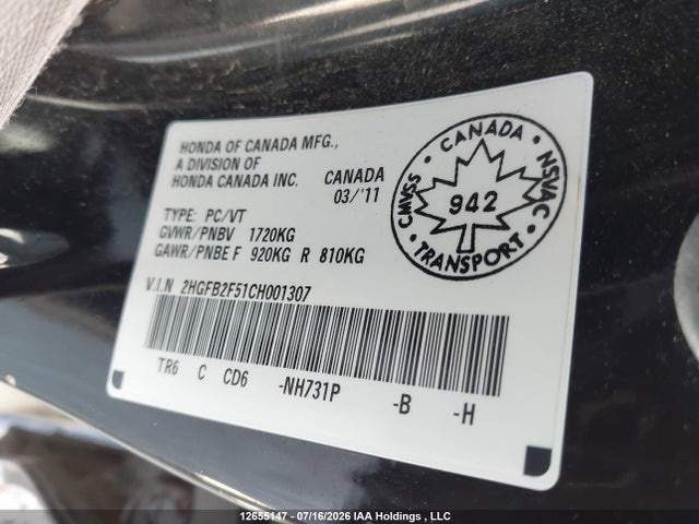 2012 Honda Civic Ex 4dr მანქანა იყიდება აუქციონზე, vin: 2HGFB2F51CH001307, აუქციონის ნომერი: 12655147