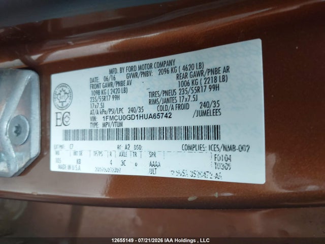 Ford ESCAPE SE 2017 1FMCU0GD1HUA65742 Image 9