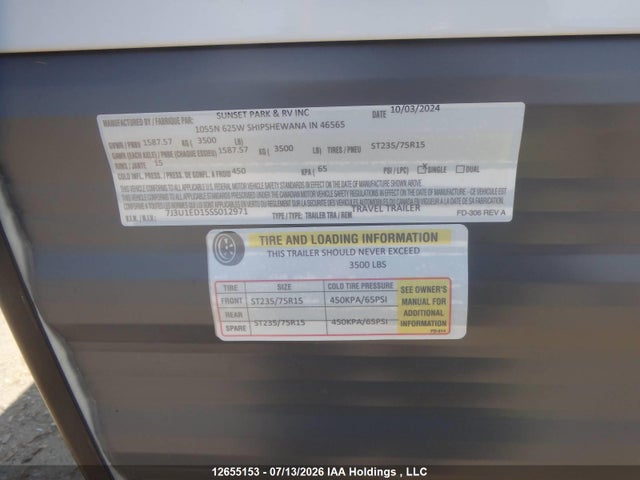 Продажа на аукционе авто 2025 Sunset Park Rv. Trailer, vin: 7J3U1ED15SS012971, номер лота: 12655153