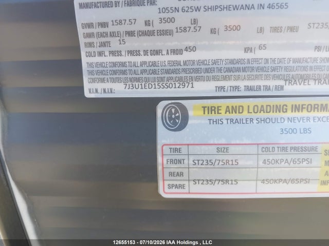 Продажа на аукционе авто 2025 Sunset Park Rv. Trailer, vin: 7J3U1ED15SS012971, номер лота: 12655153