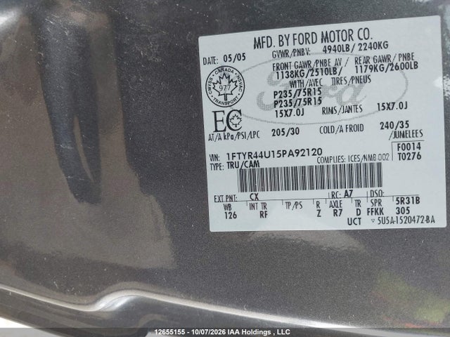 2005 Ford Ranger Edge/stx/xlt მანქანა იყიდება აუქციონზე, vin: 1FTYR44U15PA92120, აუქციონის ნომერი: 12655155