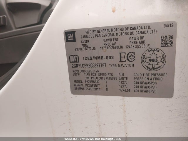 Продажа на аукционе авто 2012 Chevrolet Equinox Ls, vin: 2GNFLCEK3C6327797, номер лота: 12655165