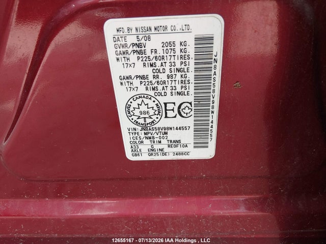 Aukcja sprzedaży 2008 Nissan Rogue Sl, vin: JN8AS58V98W144557, numer aukcji: 12655167