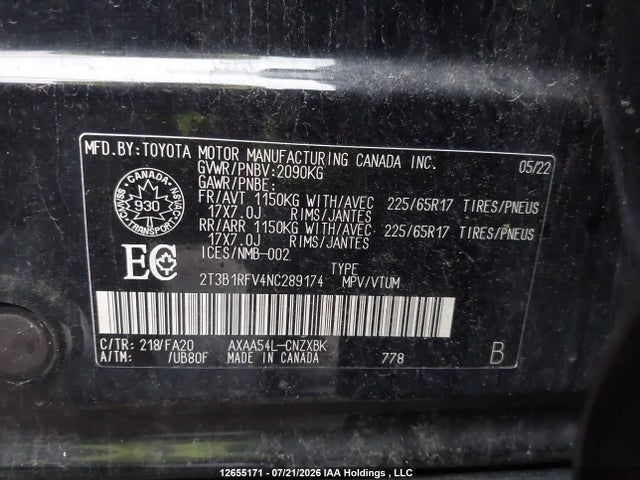 12655171 :رقم المزاد ، 2T3B1RFV4NC289174 vin ، 2022 Toyota Rav4 Le مزاد بيع