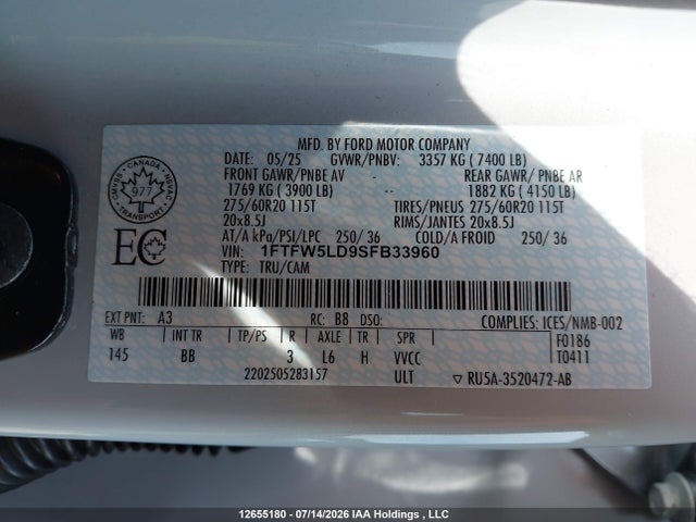 12655180 :رقم المزاد ، 1FTFW5LD9SFB33960 vin ، 2025 Ford F-150 Lariat مزاد بيع