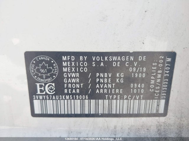 2019 Volkswagen Golf Sportwagen 1.4 Tsi Comfortline/1.4 Tsi Highline მანქანა იყიდება აუქციონზე, vin: 3VWY57AU3KM519006, აუქციონის ნომერი: 12655184