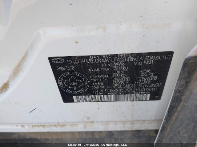 Продажа на аукционе авто 2019 Hyundai Santa Fe Sel/sel Plus, vin: 5NMS3CAA2KH038311, номер лота: 12655189