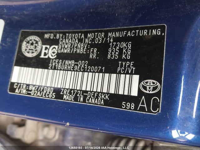 2014 Toyota Corolla S მანქანა იყიდება აუქციონზე, vin: 2T1BURHE9EC120071, აუქციონის ნომერი: 12655193
