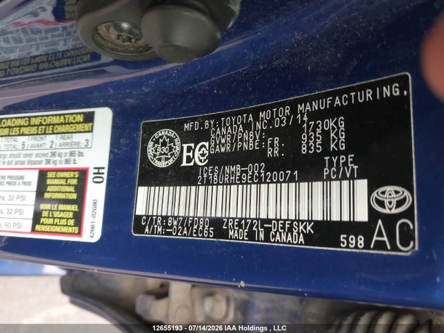 2014 Toyota Corolla S მანქანა იყიდება აუქციონზე, vin: 2T1BURHE9EC120071, აუქციონის ნომერი: 12655193