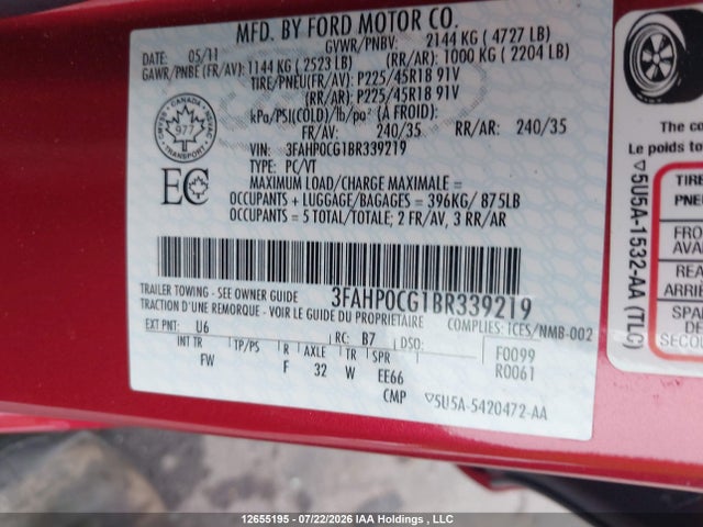 Aukcja sprzedaży 2011 Ford Fusion Sel, vin: 3FAHP0CG1BR339219, numer aukcji: 12655195