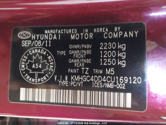 12655199 :رقم المزاد ، KMHGC4DD4CU169120 vin ، 2012 Hyundai Genesis 3.8 Premium مزاد بيع