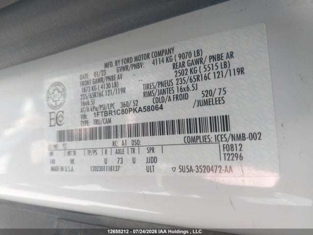 Aukcja sprzedaży 2023 Ford Transit-250 Cargo, vin: 1FTBR1C80PKA58064, numer aukcji: 12655212