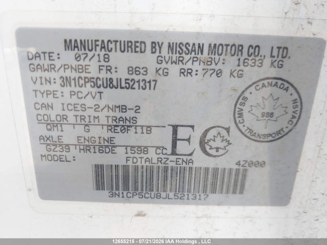 3N1CP5CU8JL521317 Nissan Kicks S/sr/sv