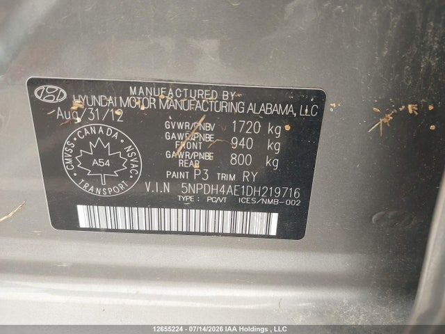 Aukcja sprzedaży 2013 Hyundai Elantra Limited W/navi, vin: 5NPDH4AE1DH219716, numer aukcji: 12655224