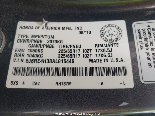 12655230 :رقم المزاد ، 5J6RE4H38AL816446 vin ، 2010 Honda Cr-v Lx مزاد بيع
