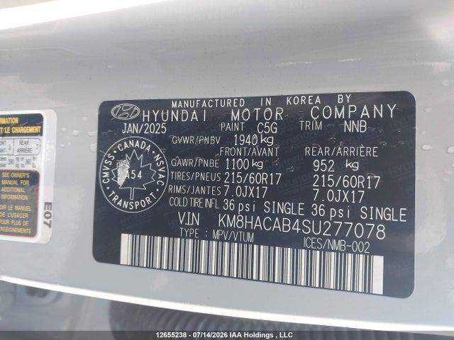 Aukcja sprzedaży 2025 Hyundai Kona Essential Awd, vin: KM8HACAB4SU277078, numer aukcji: 12655238