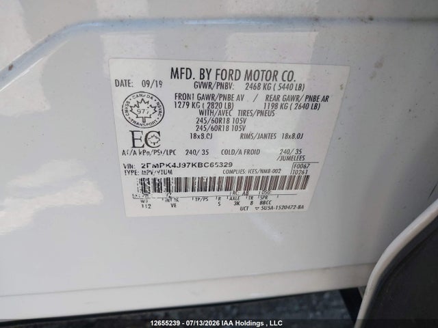 Aukcja sprzedaży 2019 Ford Edge Sel, vin: 2FMPK4J97KBC65329, numer aukcji: 12655239