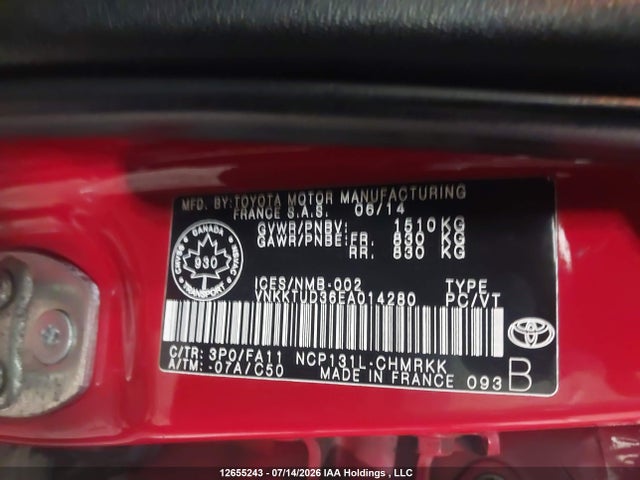 2014 Toyota Yaris მანქანა იყიდება აუქციონზე, vin: VNKKTUD36EA014280, აუქციონის ნომერი: 12655243