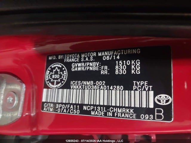 2014 Toyota Yaris მანქანა იყიდება აუქციონზე, vin: VNKKTUD36EA014280, აუქციონის ნომერი: 12655243