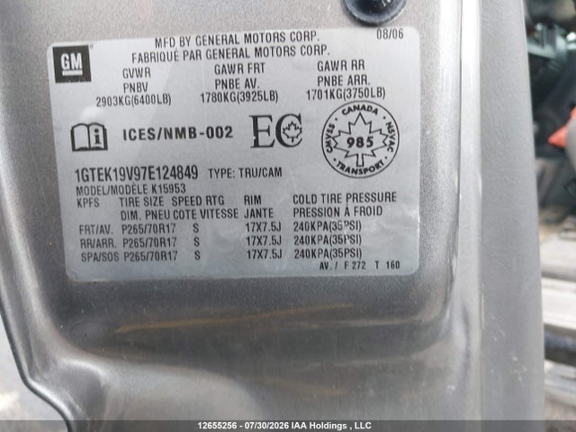 12655256 :رقم المزاد ، 1GTEK19V97E124849 vin ، 2007 Gmc Sierra 1500 Classic مزاد بيع