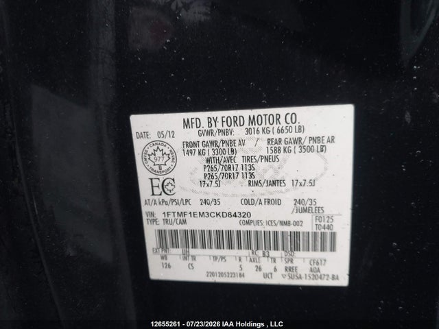 12655261 :رقم المزاد ، 1FTMF1EM3CKD84320 vin ، 2012 Ford F150 مزاد بيع