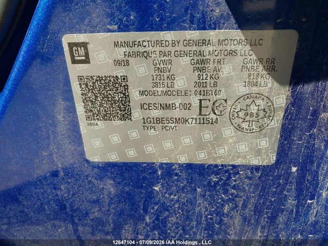 12647104 :رقم المزاد ، 1G1BE5SM0K7111514 vin ، 2019 Chevrolet Cruze Lt مزاد بيع