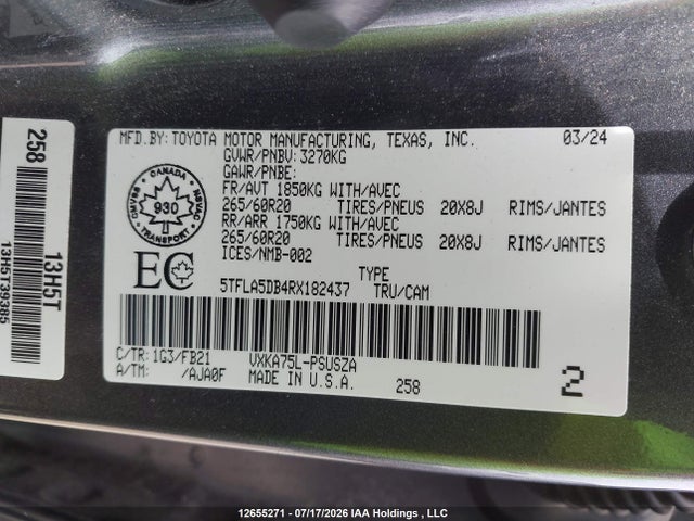 12655271 :رقم المزاد ، 5TFLA5DB4RX182437 vin ، 2024 Toyota Tundra Sr 4x4 مزاد بيع