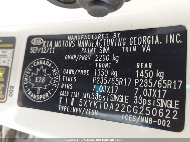 12648171 :رقم المزاد ، 5XYKTDA22CG250622 vin ، 2012 Kia Sorento Lx V6 مزاد بيع