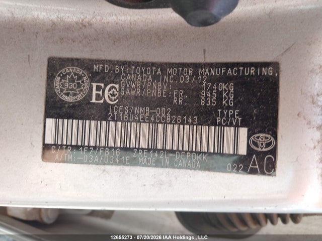2012 Toyota Corolla Ce მანქანა იყიდება აუქციონზე, vin: 2T1BU4EE4CC826143, აუქციონის ნომერი: 12655273
