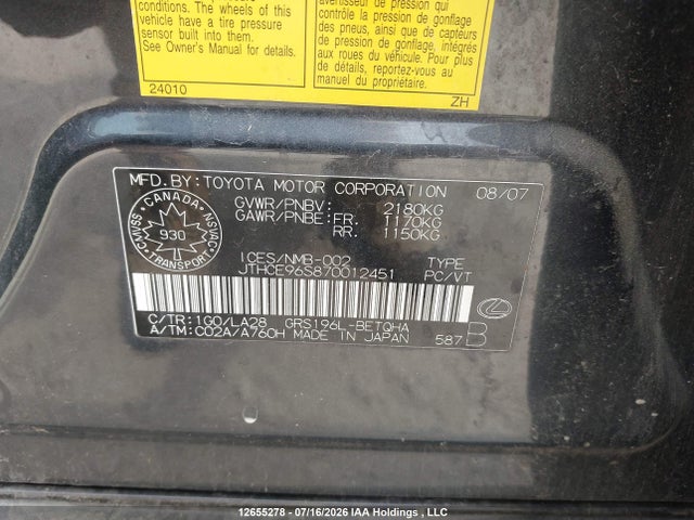 12655278 :رقم المزاد ، JTHCE96S870012451 vin ، 2007 Lexus Gs 350 350 مزاد بيع