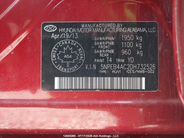 Продаж на аукціоні авто 2013 Hyundai Sonata Gl/gls, vin: 5NPEB4AC2DH732526, номер лоту: 12655280