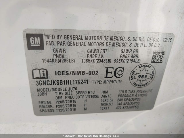 2017 Chevrolet Trax Ls მანქანა იყიდება აუქციონზე, vin: 3GNCJKSB1HL179241, აუქციონის ნომერი: 12655281